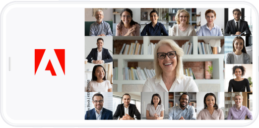 Rendering of phone in landscape mode with Adobe logo on left and a collage of faces on the right