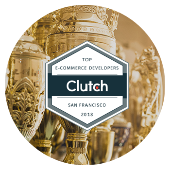 Gold trophies in background with text saying "Top E-commerce Developers, San Francisco, 2018, Clutch"