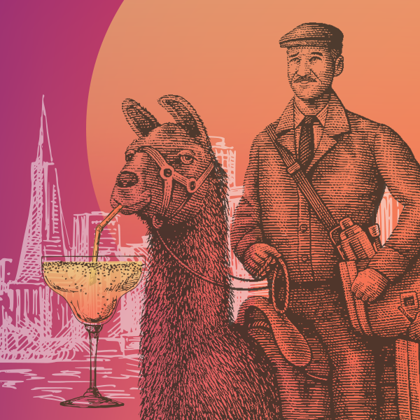 Drawing of a man riding an alpaca which is drinking a cocktail