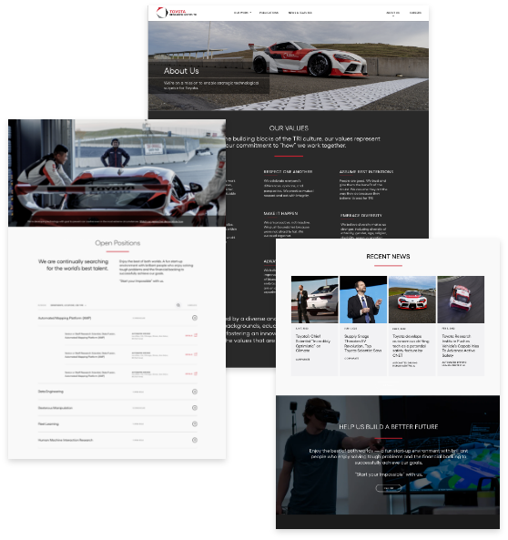 Three screenshots of the Toyota Research Institute website