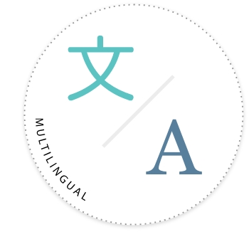 A circle containing a Chinese character in the top left and the letter 'A' in the bottom right, with the word "multilingual" on the edge
