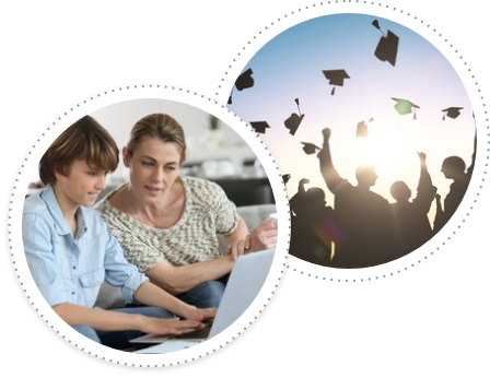 Two circles: bottom left contains image of mother and son working on a computer and the top right shows a group of students throwing their graduation caps in the air