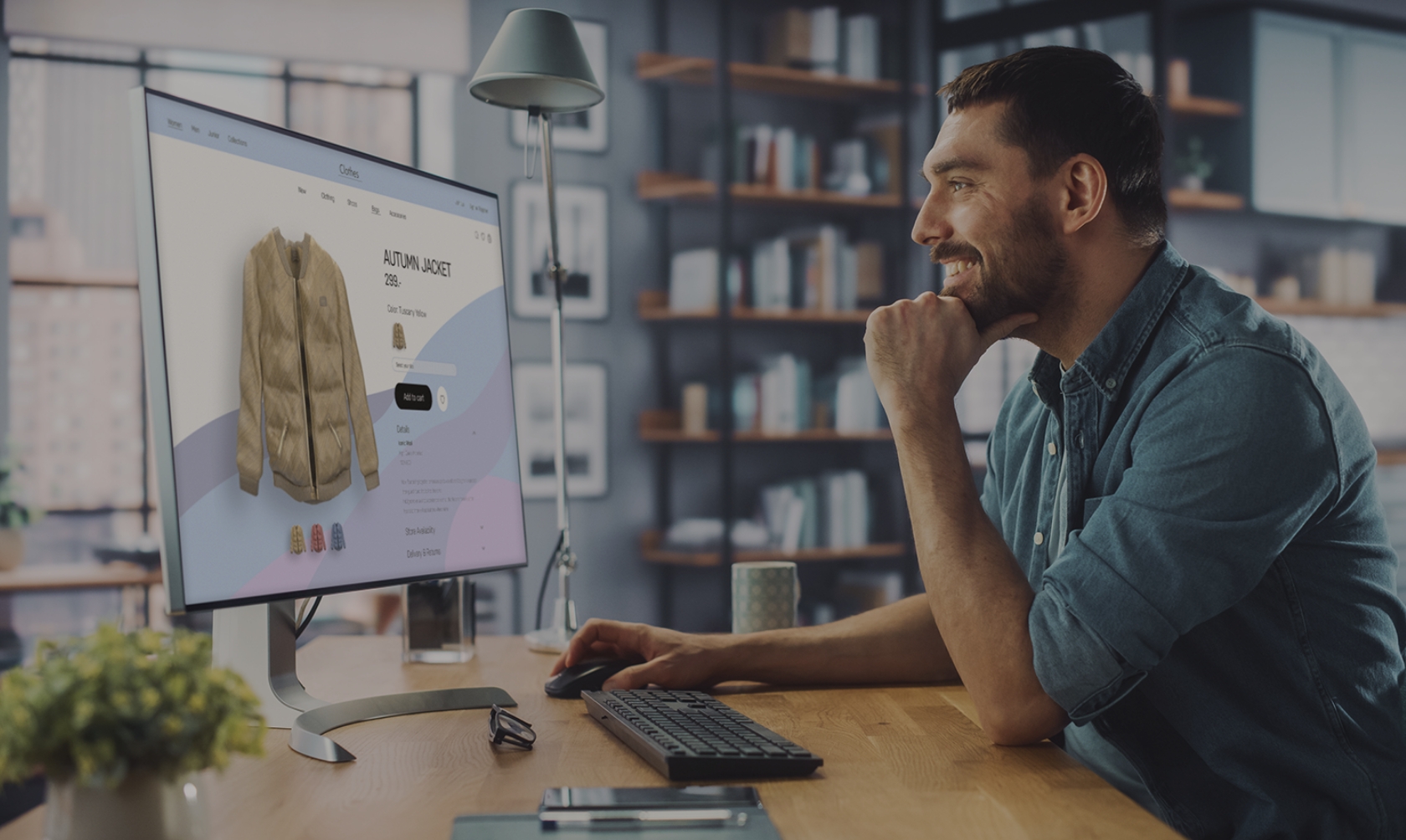 Man browsing online store for autumn jacket at home office