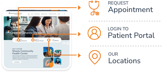 Web page showing navigation options to request an appointment, login to patient portal, and view their locations.