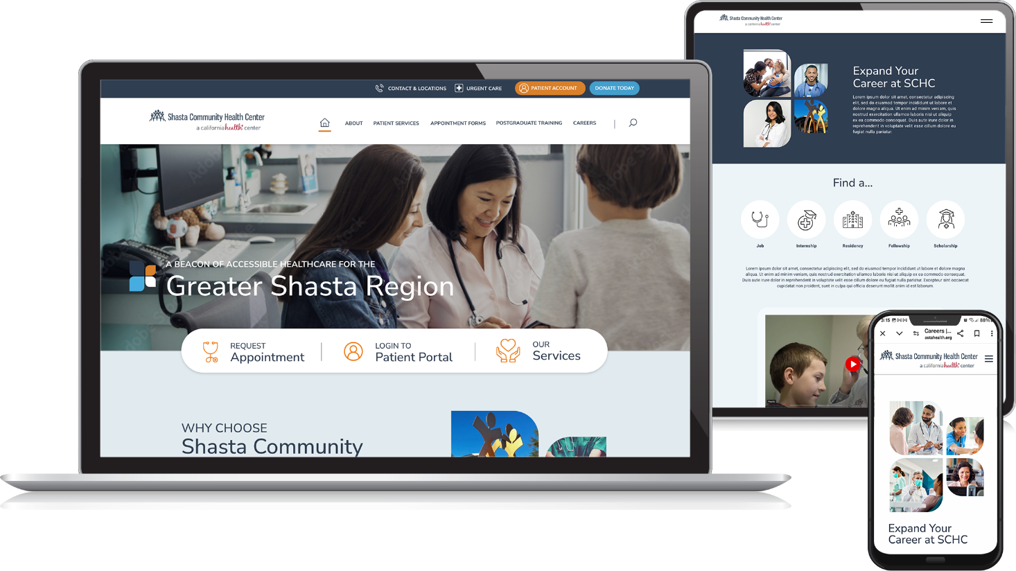 Screenshot of the Shasta Community Health Center website showcasing services, patient portal, and career opportunities on various devices.