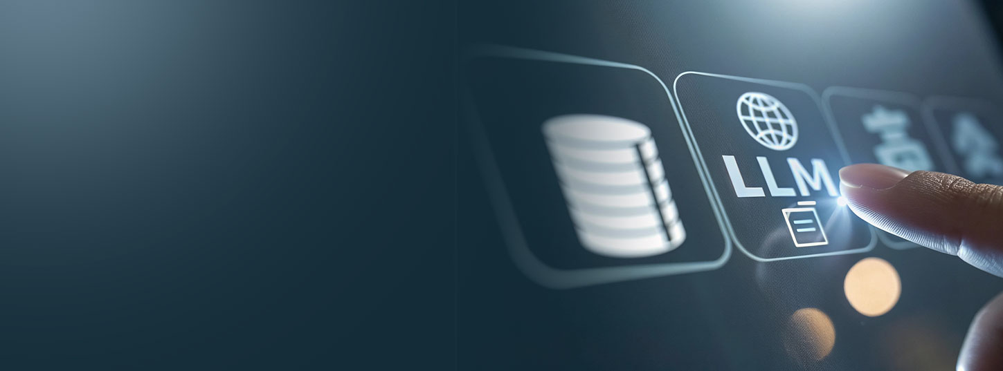 A finger pressing a glowing LLM button on a dark digital interface