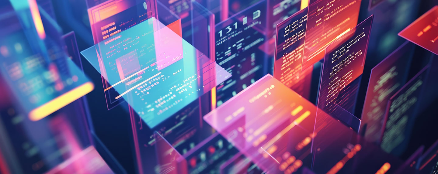 Glowing translucent panels displaying code float in a neon-lit digital environment.