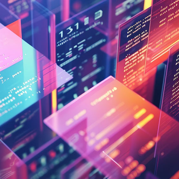Glowing translucent panels displaying code float in a neon-lit digital environment.