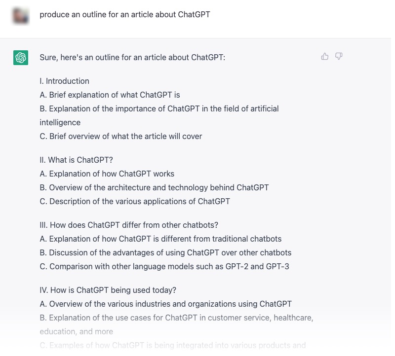 Screenshot of an example of Outline created by Chat GPT