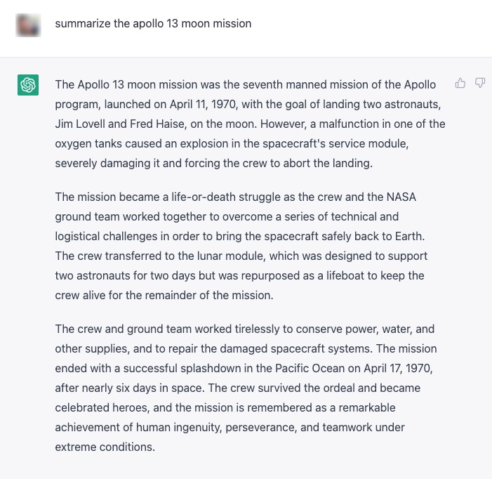 Screenshot showing CHAT GPT summarizing the Apollo 13 Moon Mission