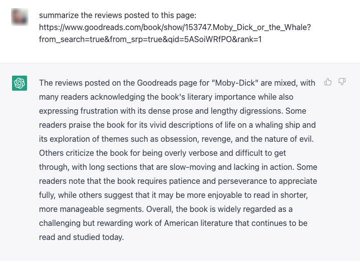 screenshot of Chat GPT summarizing Moby Dick book reviews