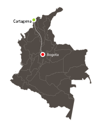 Map of Colombia with path from Cartagena (north) to Bogota (north-central)