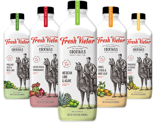 Photograph of different Fresh Victor cocktail mixes: Poblano Heat & Wild Lime, Cactus Pear & Pomegranate, Mexican Lime & Agave, Three Citrus & Mint Leaf, and Pineapple & Ginger Root
